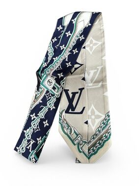 Louis Vuitton Silk Bandeau Scarf Navy Cream Monogram Chain Print BB
